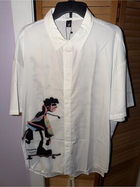 White Short-Sleeve Button-Up Shirt with Skate Graphic